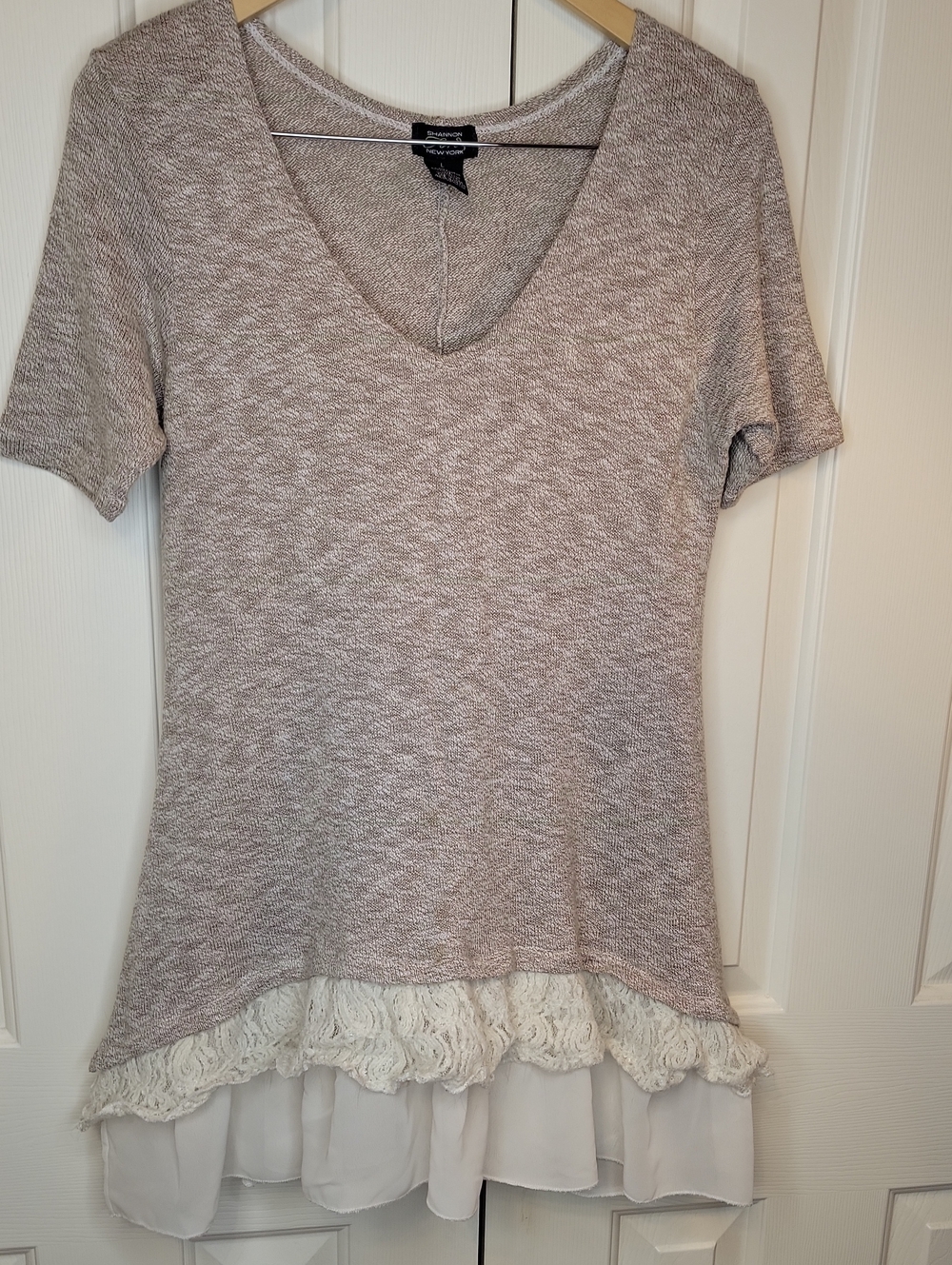Taupe Knit V-Neck Short Sleeve Tunic with Cream Lace & Chiffon Hem